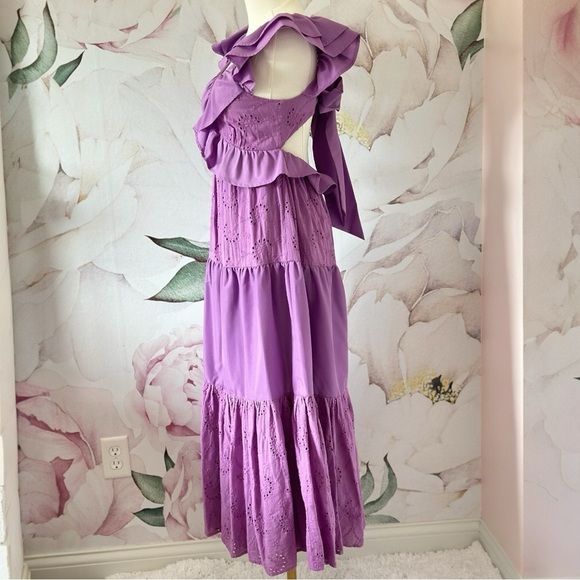 VICI Eyelet Tiered Ruffle Sleeve Women's Purple Maxi Dress Small - Picture 10 of 15